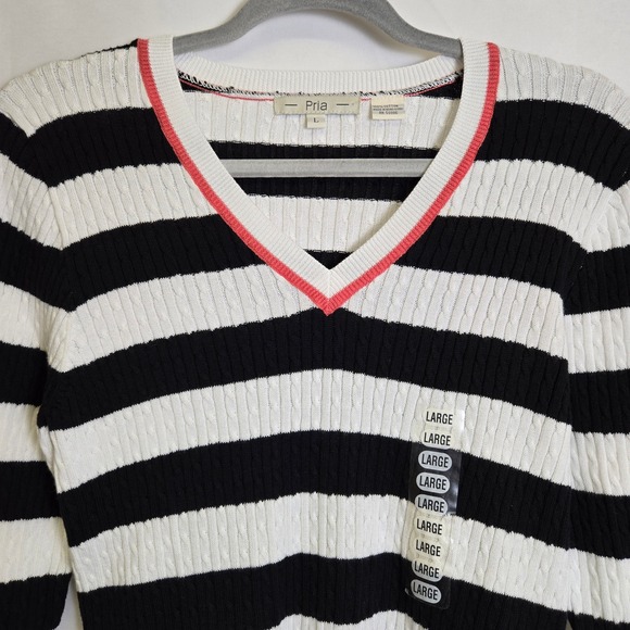 Pria Striped Cable Knit Sweater, 100% Cotton, Black/White, Size Large, NWOT - Picture 2 of 8
